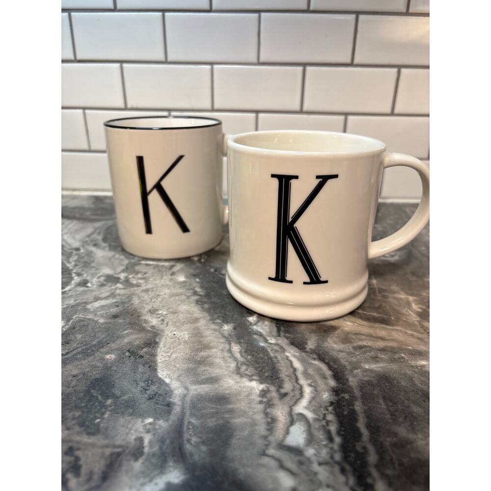 Set of 2 “K” Initial Coffee Cup Mug Tea Black White